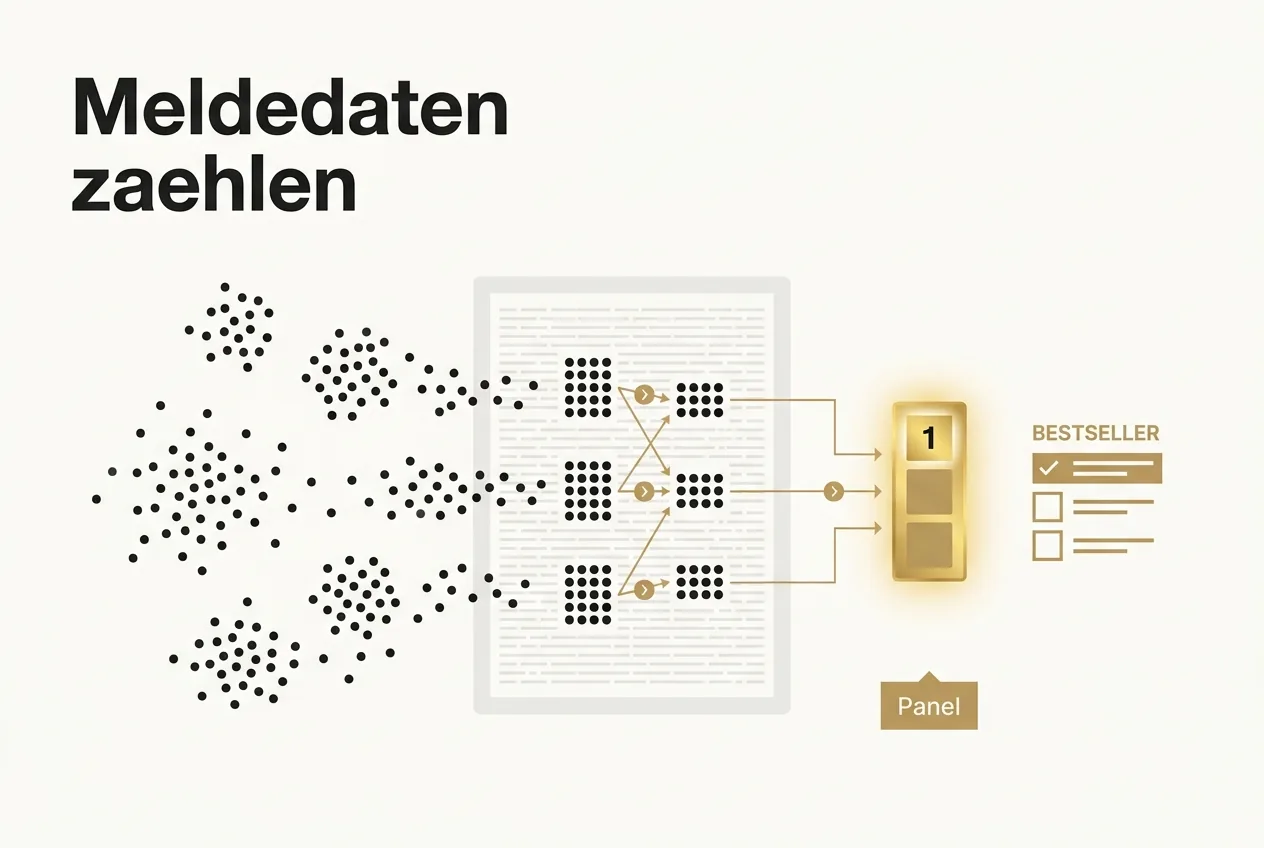 Abstrakte Datenfunnel-Illustration, die zeigt, wie gemeldete Panel-Daten statt roher Verkäufe die SPIEGEL-Bestsellerliste bestimmen