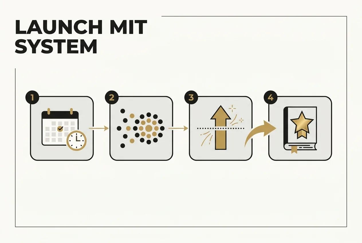 Ablauf-Illustration eines planbaren Buch-Launches in vier Schritten vom Termin bis zum Bestseller-Status