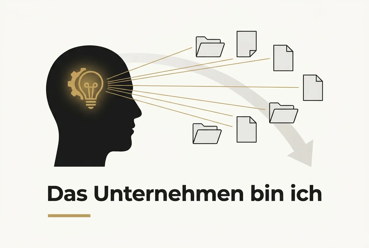 Vektorgrafik einer Kopf-Silhouette mit eingeschlossenem Wissens-Symbol und fallender Wertkurve, Bildunterschrift Das Unternehmen bin ich, in Gold, Obsidian und Elfenbein.