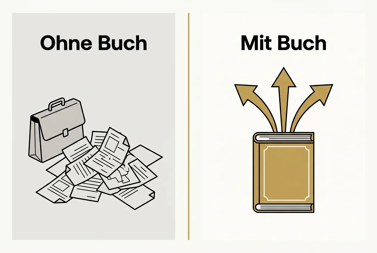 Zweispaltige Vergleichsgrafik Ohne Buch versus Mit Buch, links verstreute Papiere in Grau, rechts ein Buch mit aufsteigenden Gold-Pfeilen.