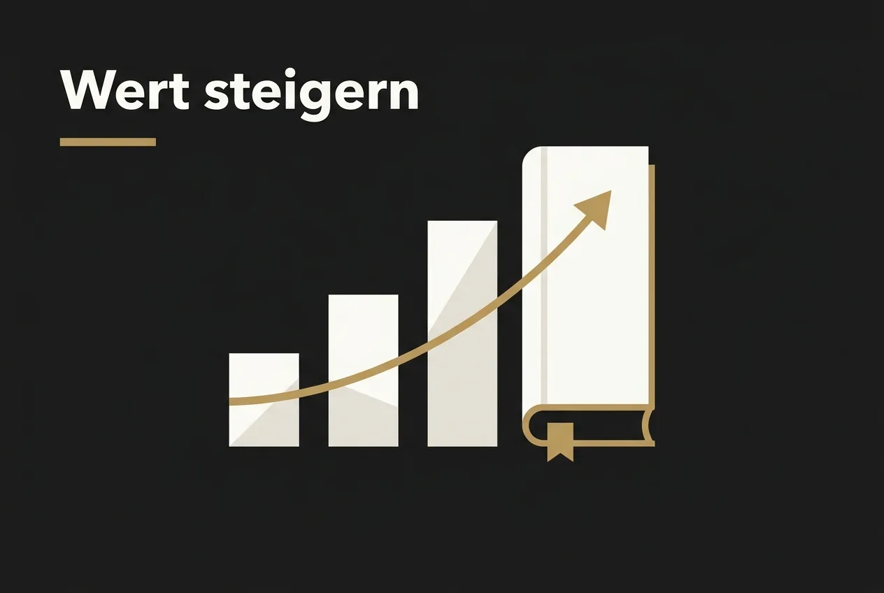 Editoriale Vektorgrafik eines aufsteigenden Wert-Balkendiagramms, dessen höchster Balken zu einem Buch wird, mit dem Schriftzug Wert steigern in Gold und Elfenbein auf Obsidian.
