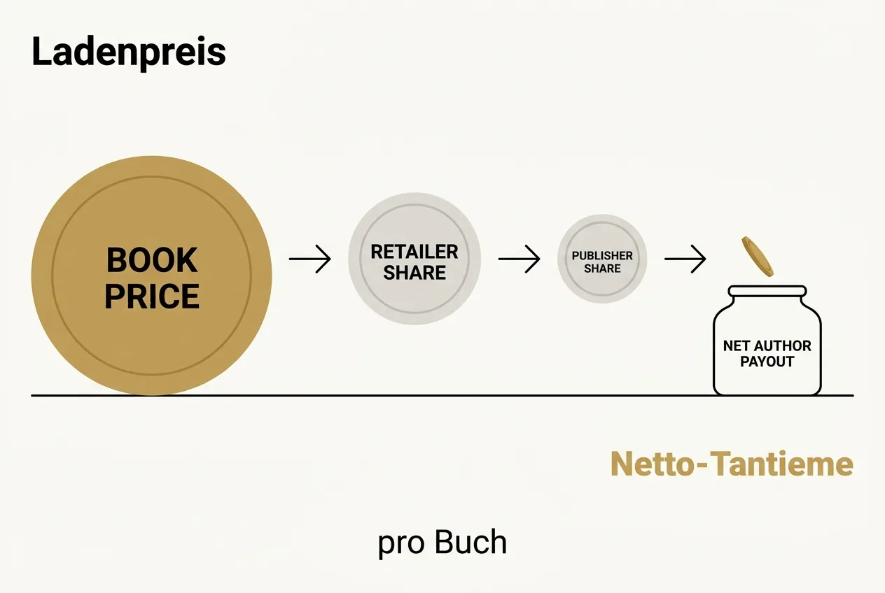 Prozessgrafik, die zeigt wie vom Ladenpreis eines Buchs über Handel und Verlag nur eine winzige Netto-Tantieme für den Autor übrig bleibt