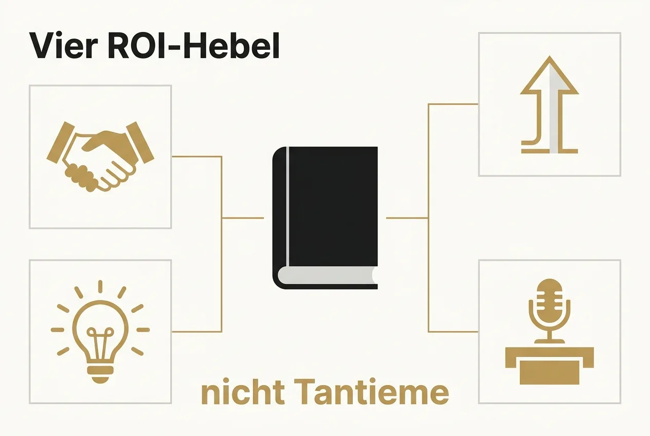 Konzeptgrafik mit vier ROI-Hebeln eines Unternehmerbuchs, angeordnet um ein zentrales Buch, als Alternative zur Tantieme