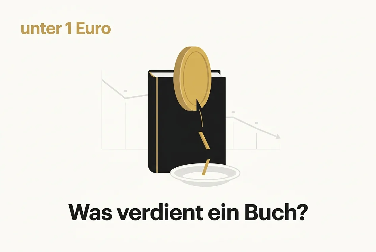 Editorial-Illustration eines Buchs mit einer Goldmünze, von der nur ein winziger Bruchteil abfällt, als Symbol für den geringen Verdienst pro verkauftem Buch