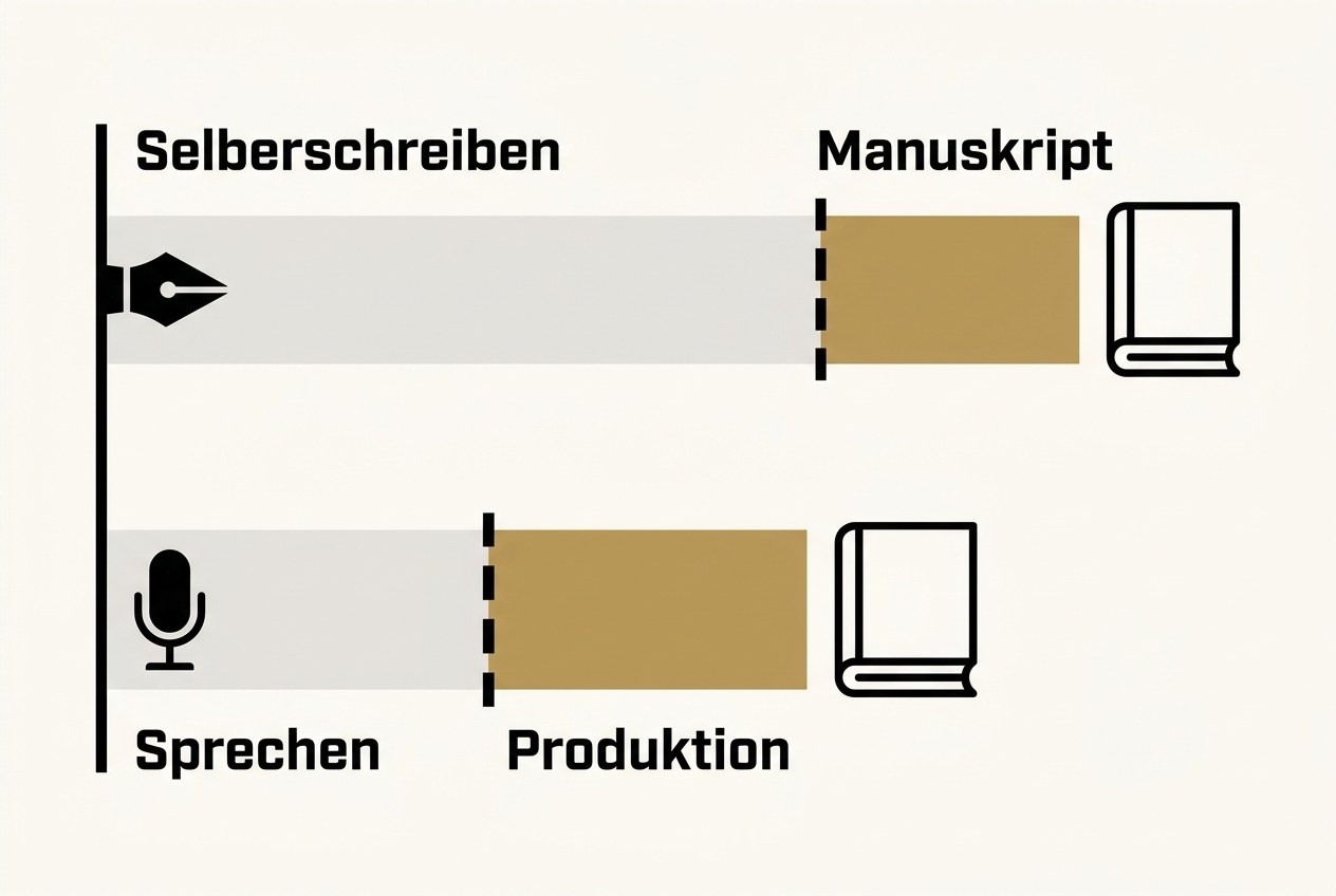 Zwei Zeitleisten untereinander: oben ein langer grauer Balken fürs Selberschreiben, unten ein deutlich kürzerer fürs Sprechen, danach in beiden Zeilen ein gleich langer goldener Produktionsbalken bis zum fertigen Buch.