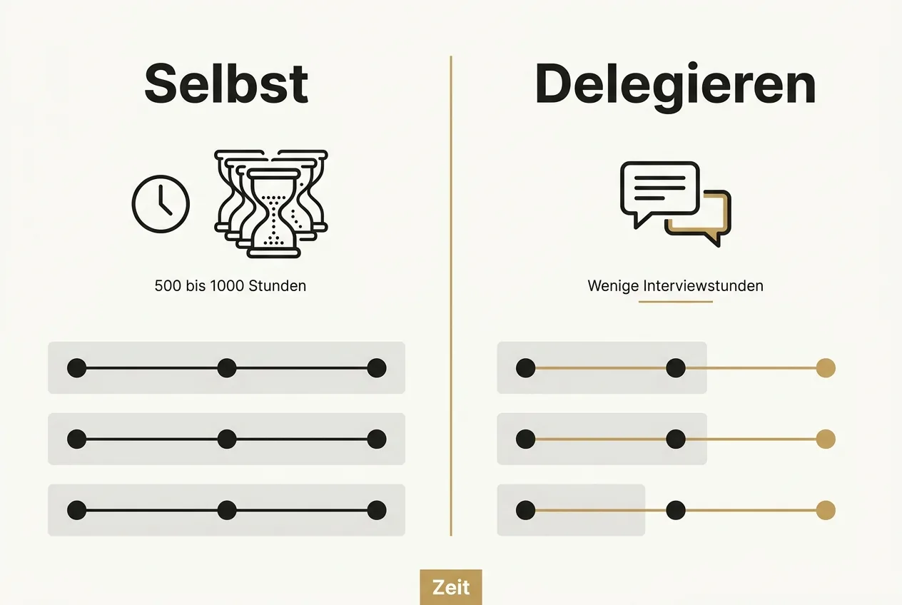 Vergleich zwischen Selberschreiben mit hohem Zeitaufwand und Schreibenlassen über Interviews