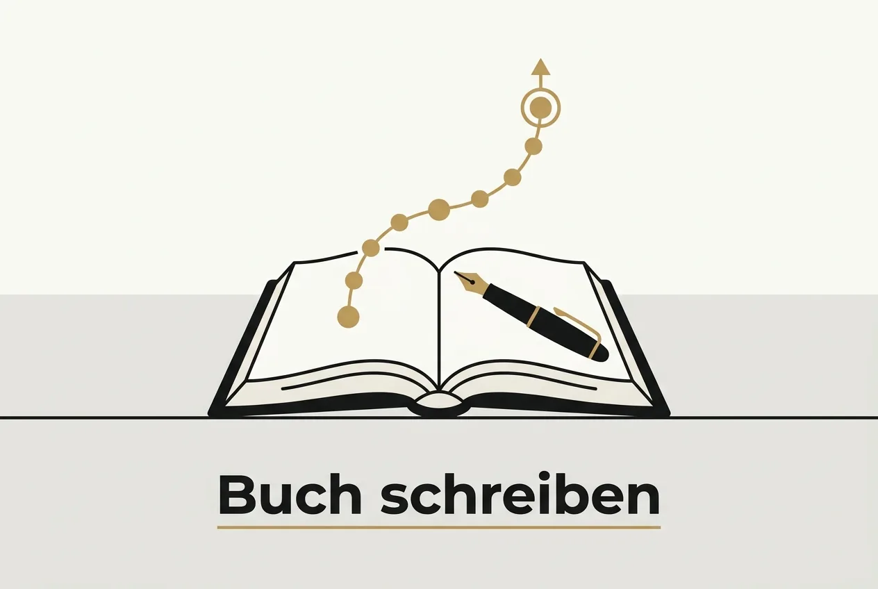 Aufgeschlagenes Buch mit Feder und aufsteigendem Pfad als Symbol für das Schritt-für-Schritt-Schreiben eines Buches