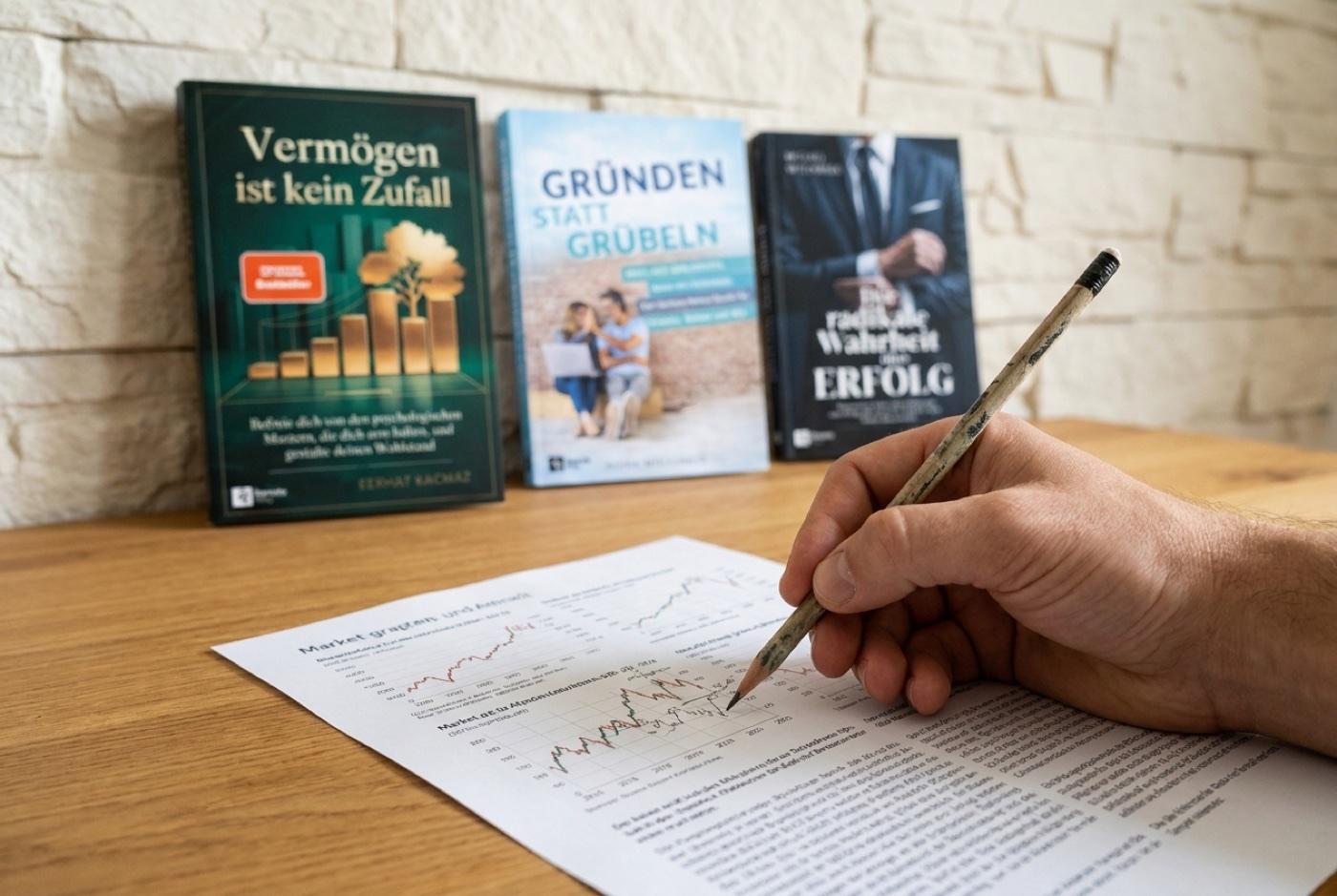 Strategiearbeit am Tisch: erschienene Titel des Verlags nebeneinander ausgelegt, daneben ein Notizbuch mit handgezeichnetem Marktraster