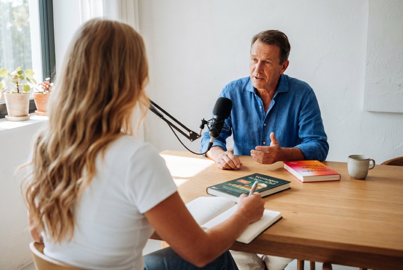 Interview für das Manuskript: Blick über die Schulter der Interviewerin, die in ein aufgeschlagenes Heft mitschreibt, gegenüber der sprechende Autor