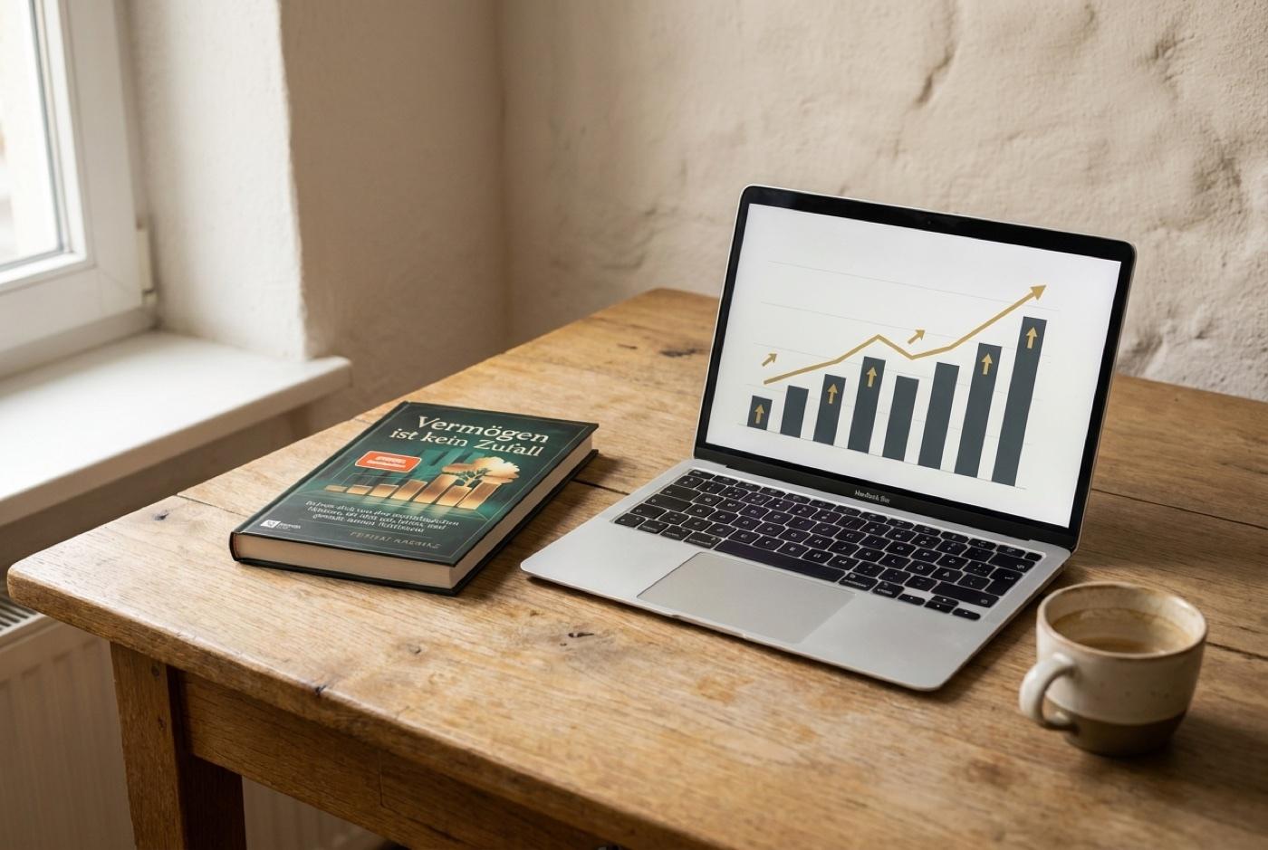 Nach dem Launch: das fertige Buch liegt neben einem Laptop, auf dem eine steigende Verkaufskurve zu sehen ist