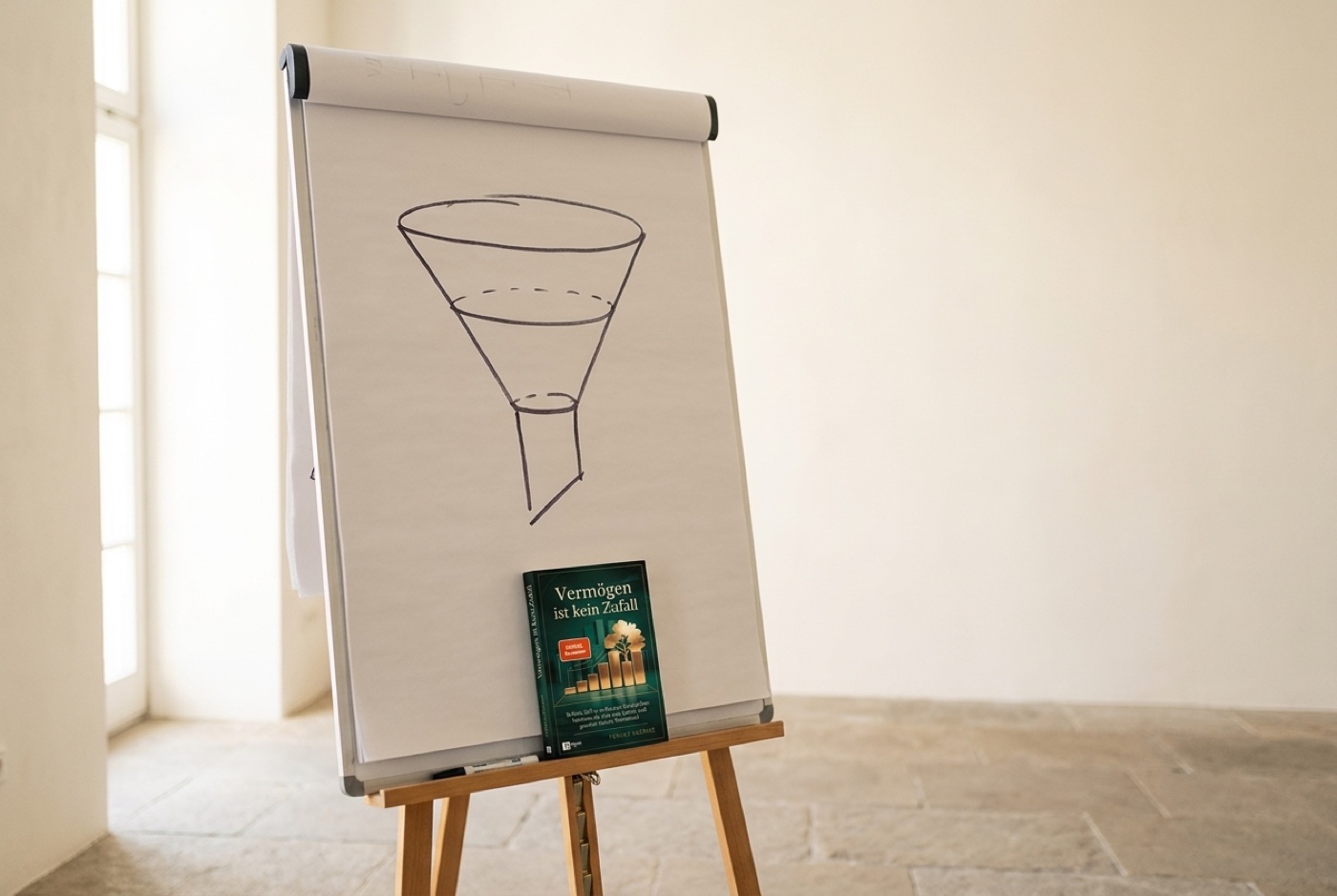 Vorbereitung des Coaching-Programms: ein Flipchart mit handgezeichnetem Funnel, davor das fertige Buch auf der Ablage