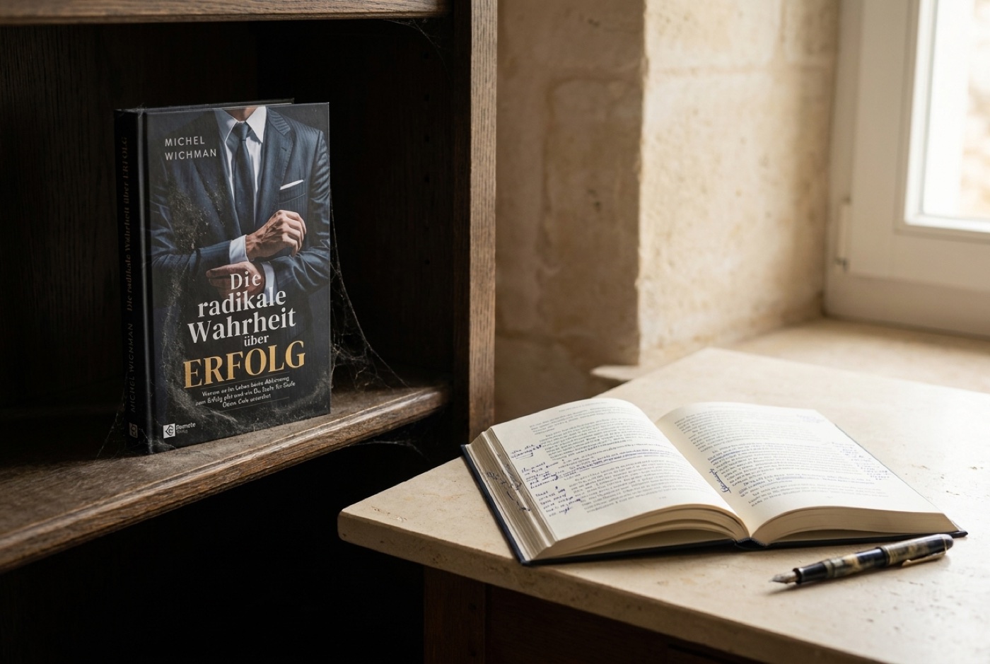 Dasselbe Buch zweimal: links unberührt im dunklen Regal, rechts aufgeschlagen auf dem Schreibtisch mit handschriftlichen Notizen