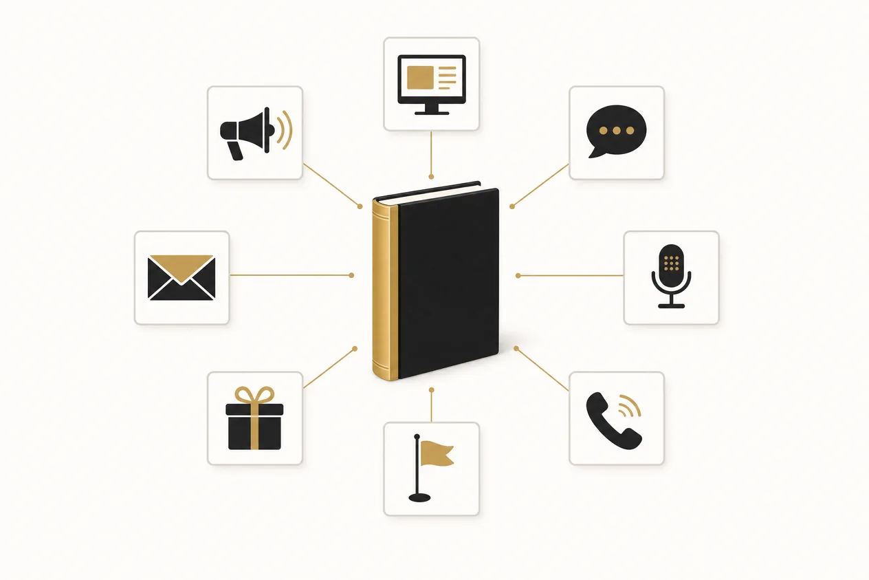 Illustration: das Buch in der Mitte, acht Kanal-Symbole mit feinen goldenen Verbindungslinien darum