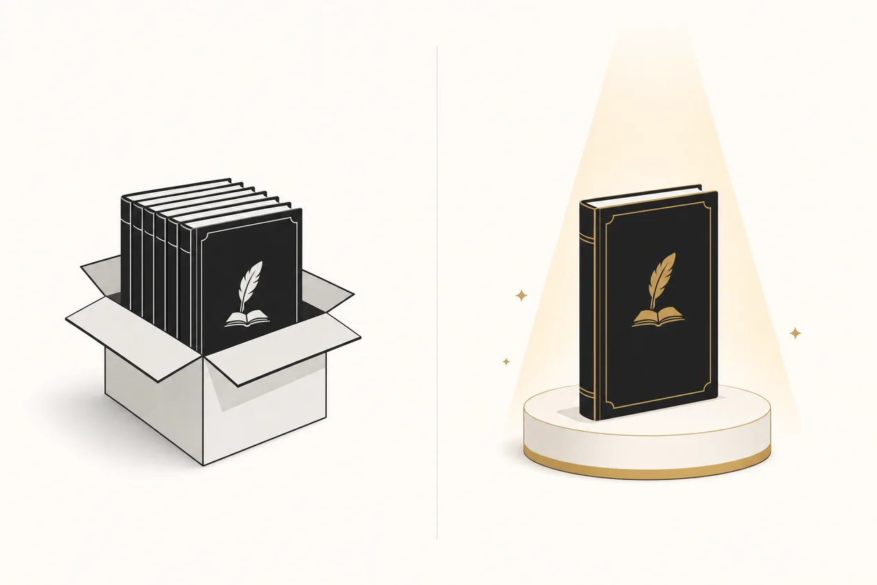Illustration: links stapeln sich die Bücher ungenutzt im Versandkarton, rechts steht dasselbe Buch angestrahlt auf einem Podest