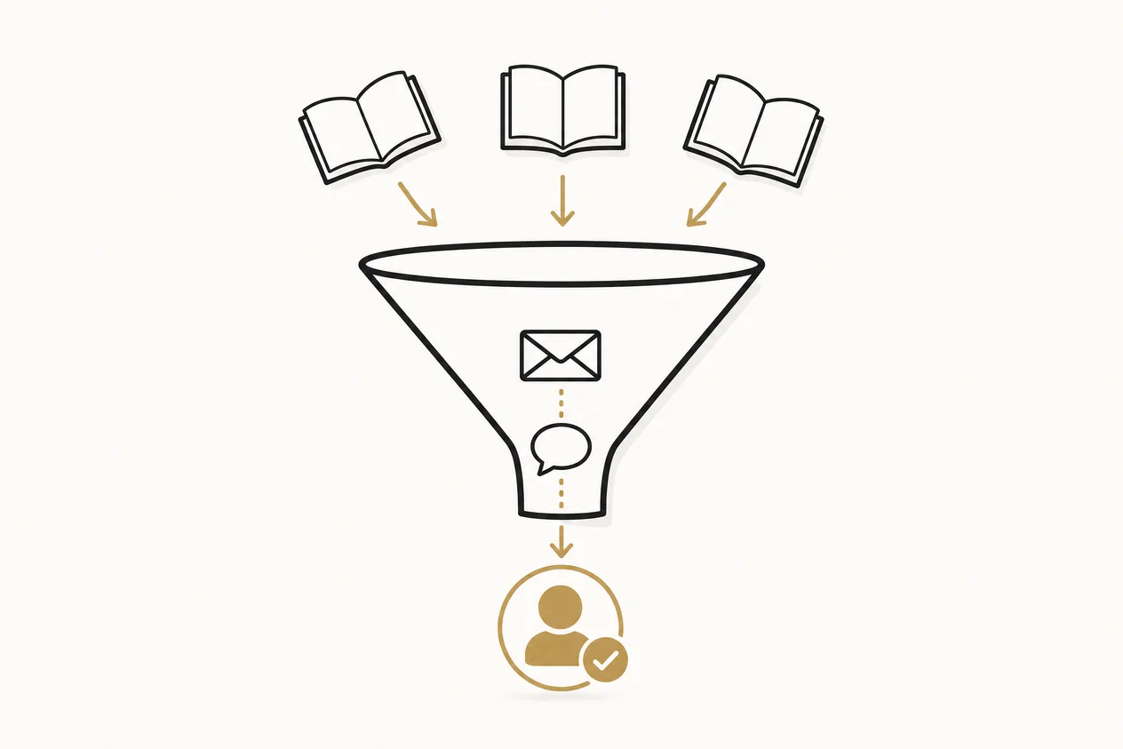 Illustration: aufgeschlagene Bücher gleiten in einen Trichter, über Anfrage und Gespräch tritt unten ein goldener Kunde aus