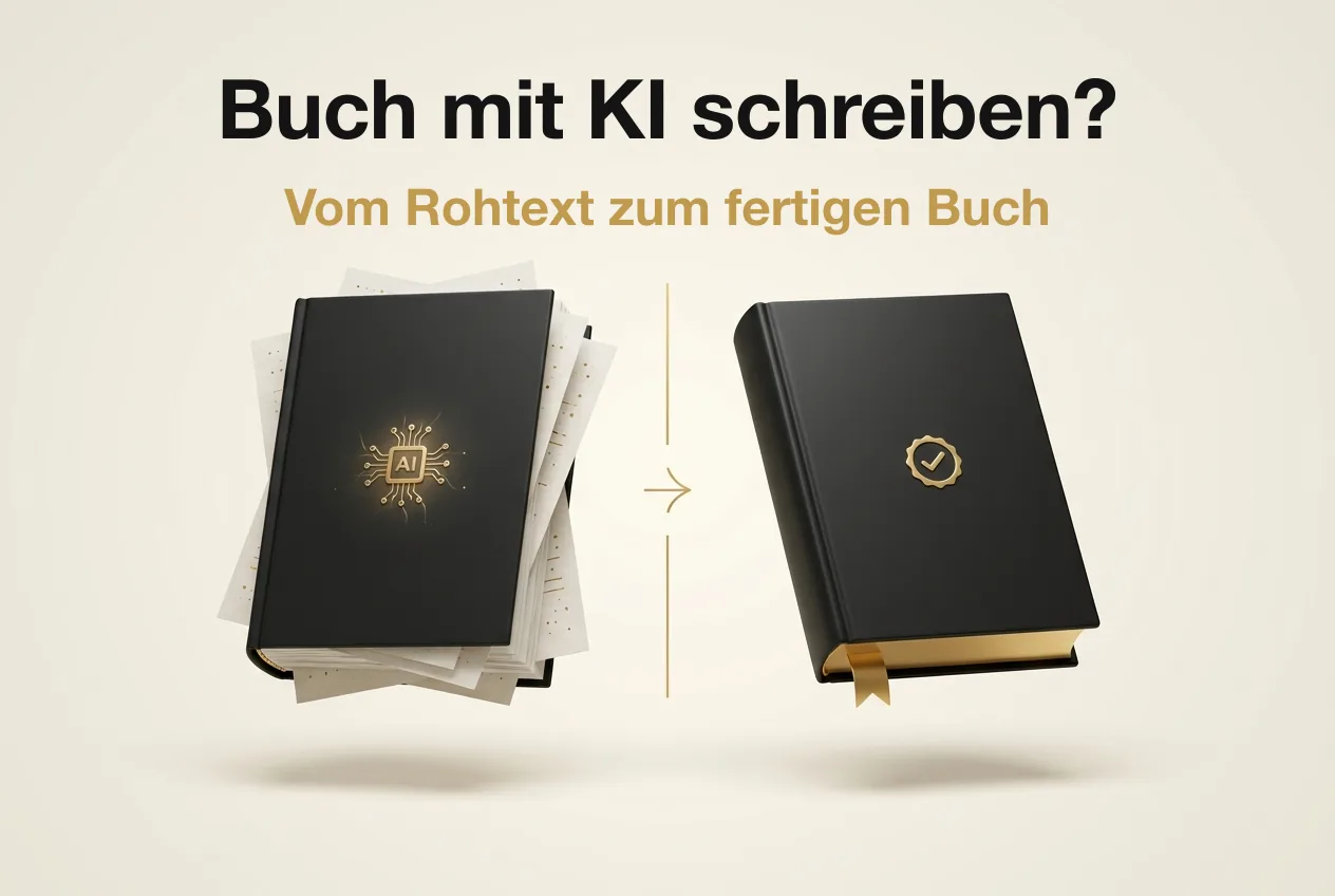 Illustration: Links ein schwarzes Buch mit KI-Chip und losen Rohtext-Seiten, rechts ein poliertes schwarzes Buch mit Gold-Siegel - KI-Rohtext vs. veröffentlichungsreifes Buch