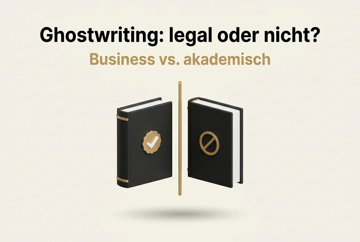 Illustration: Zwei schwarze Bücher (links mit goldenem Häkchen (legales Business-Ghostwriting), rechts mit goldenem Verbotszeichen (akademisches Ghostwriting))