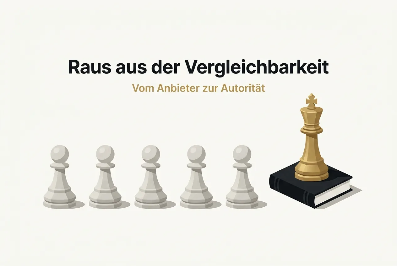 Illustration: Ein goldener Schachkönig steht auf einem Buch, abgehoben von einer Reihe grauer Bauern (raus aus der Vergleichbarkeit, vom Anbieter zur Autorität (Remote Verlag))