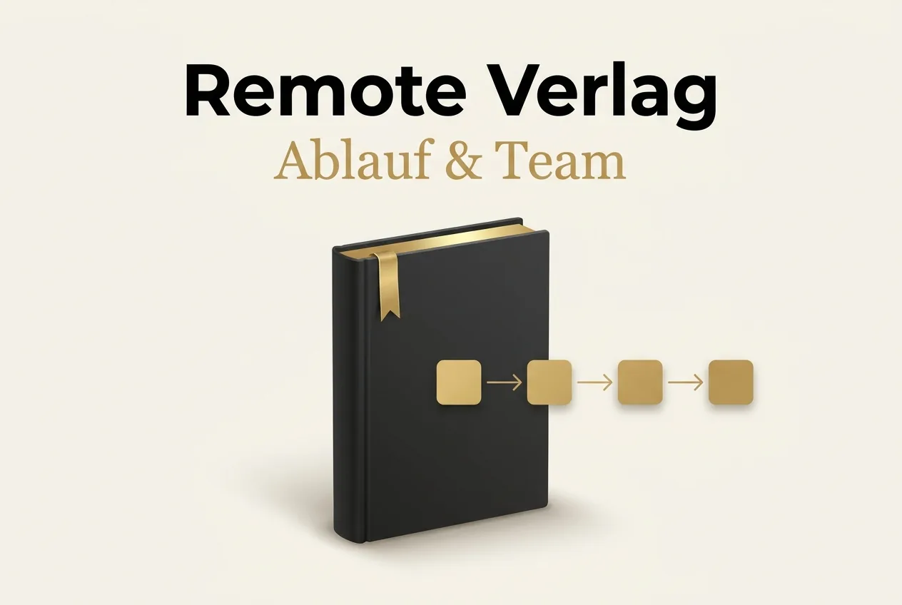 Illustration: Mattschwarzes Buch mit goldenem Vier-Schritte-Prozess (Ablauf und Team des Remote Verlag)