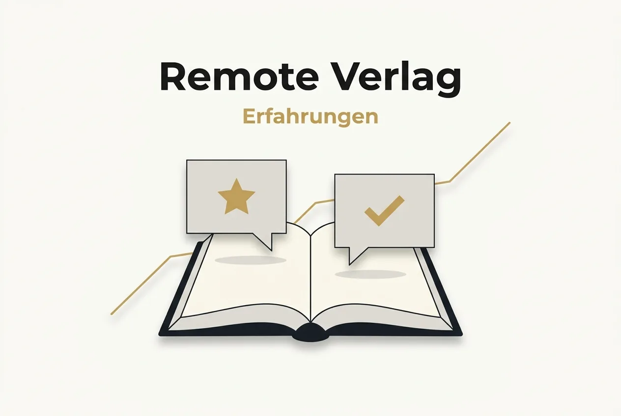 Aufgeschlagenes Buch mit Bewertungs-Sprechblasen (5-Sterne-Rating und Häkchen) als Symbol für geprüfte Remote Verlag Erfahrungen und Kundenbewertungen