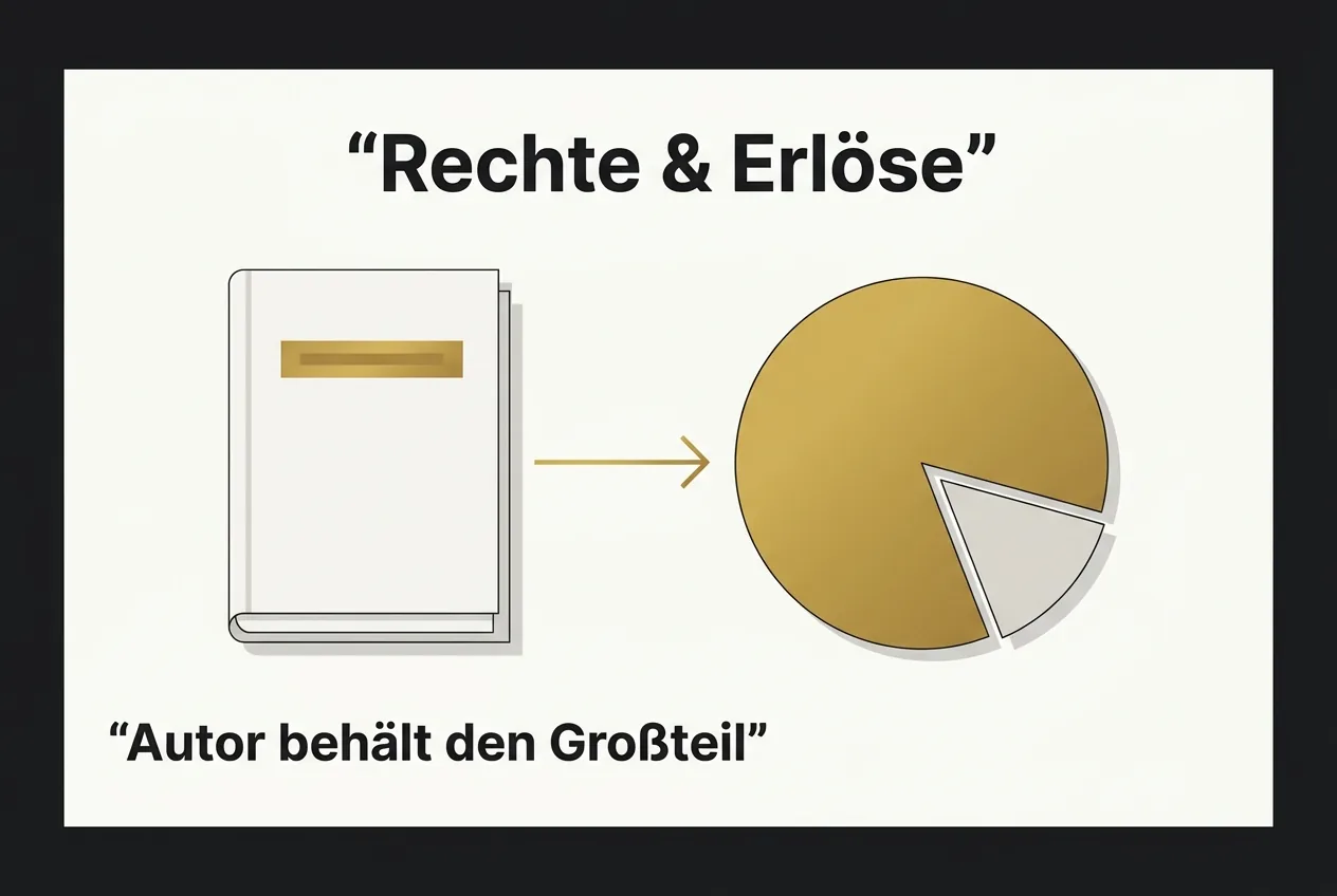 Illustration: Buch mit goldenem Autoren-Nameplate und Tortendiagramm mit großem Gold-Anteil (Rechte und Erlösverteilung beim Remote Verlag)