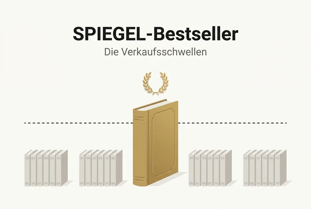 Illustration: Ein goldenes Buch überragt eine gestrichelte Verkaufsschwellen-Linie (SPIEGEL-Bestseller-Mechanik erklärt (Remote Verlag))