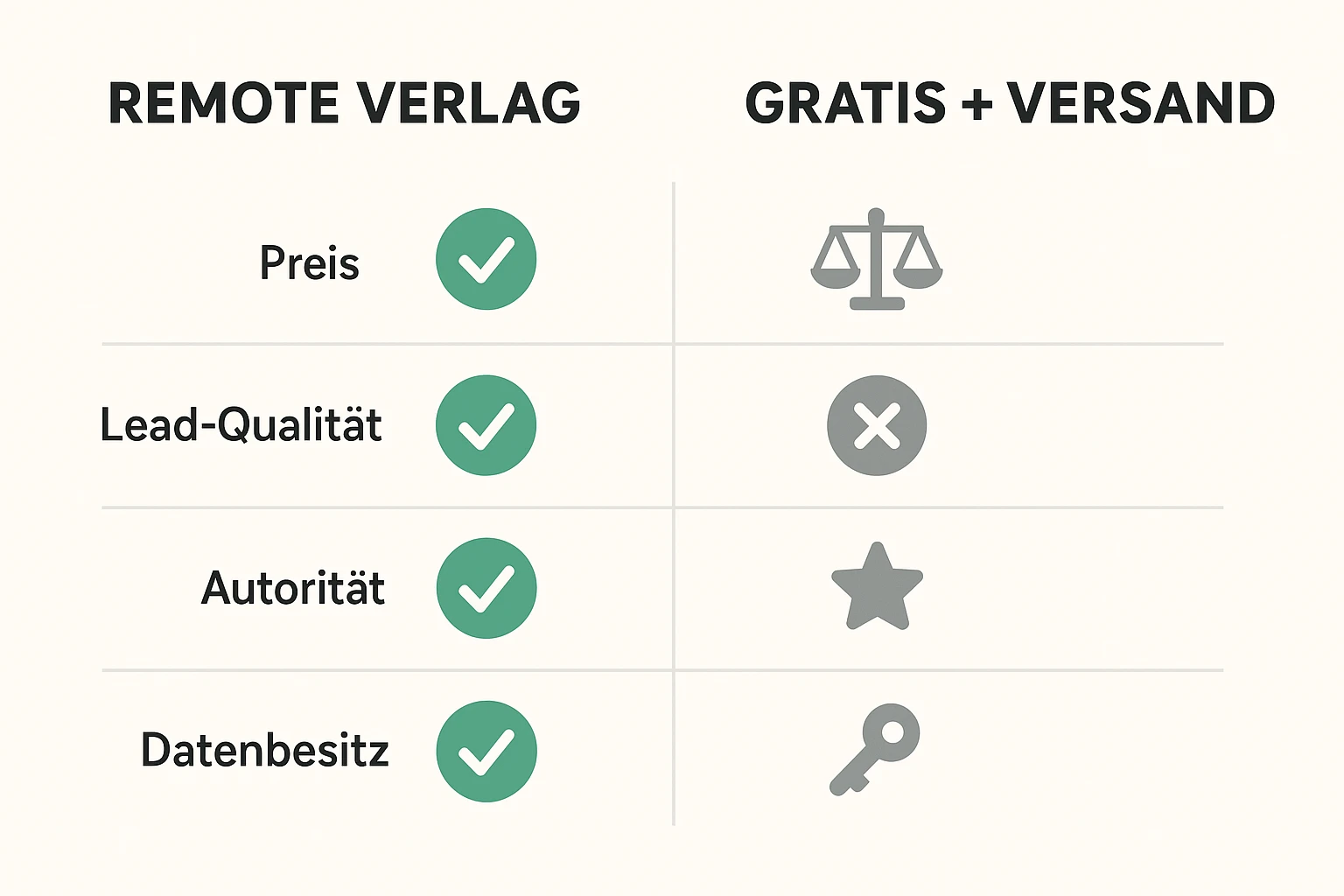 Direkter Vergleich: Warum ein Remote-Verlag-Modell mehr Autorität, bessere Leads und echten Datenbesitz liefert als Gratis+Versand-Modelle.