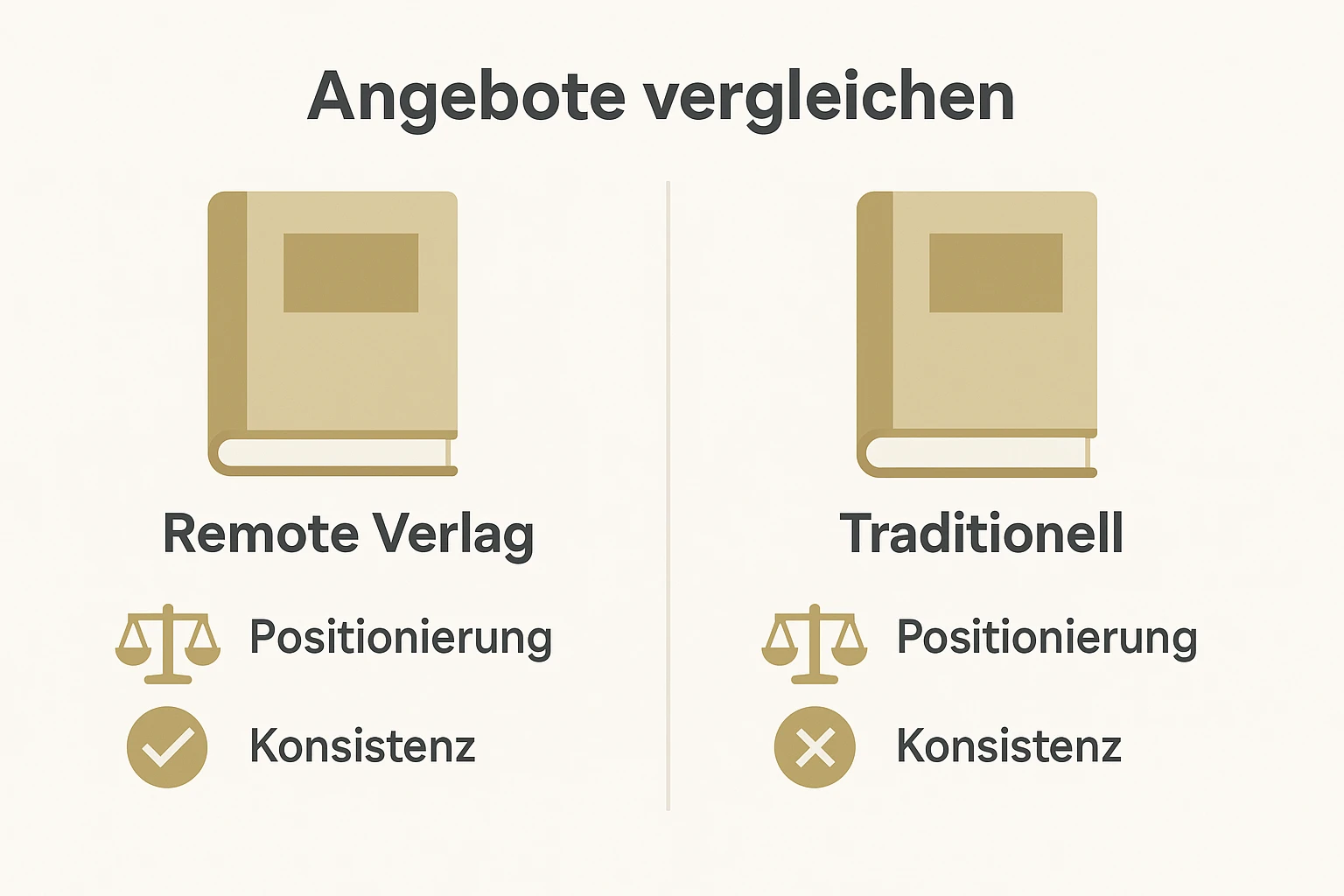 Gegenüberstellung: Remote Verlag und traditioneller Verlag im Vergleich nach Positionierung und Markenkonsistenz für Autoren. Hilft schnell zu entscheiden.