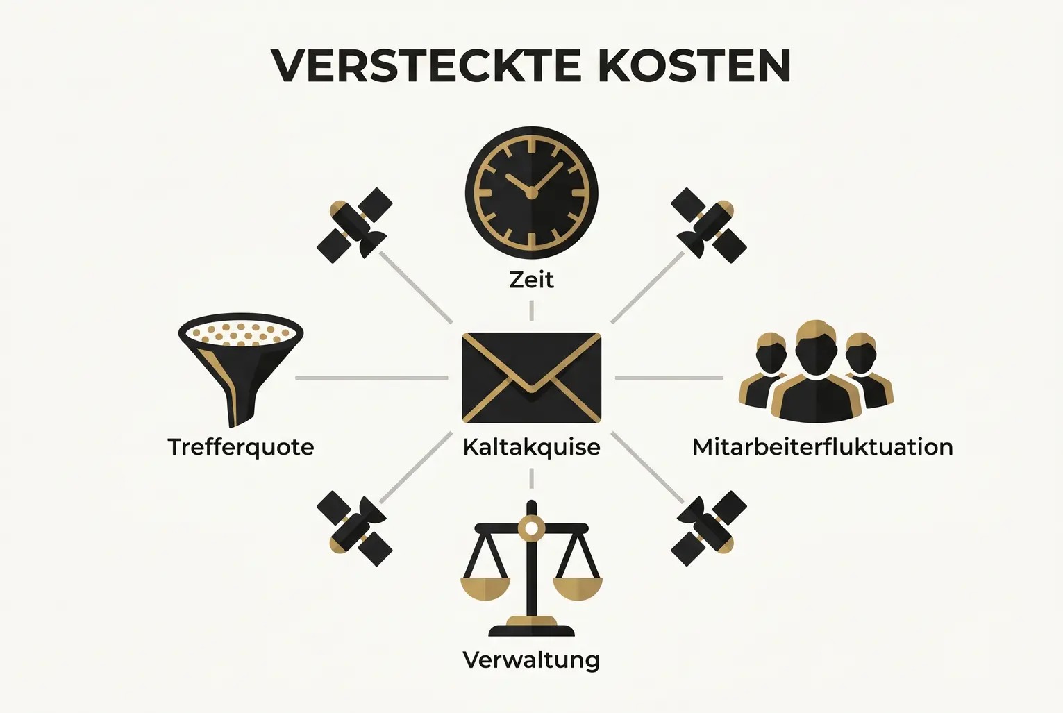 Visualisiert die unsichtbaren Kosten der Kaltakquise: Zeit, Mitarbeiterfluktuation, Verwaltungsaufwand und geringe Trefferquote in einer klaren, datenorientierten Grafik.