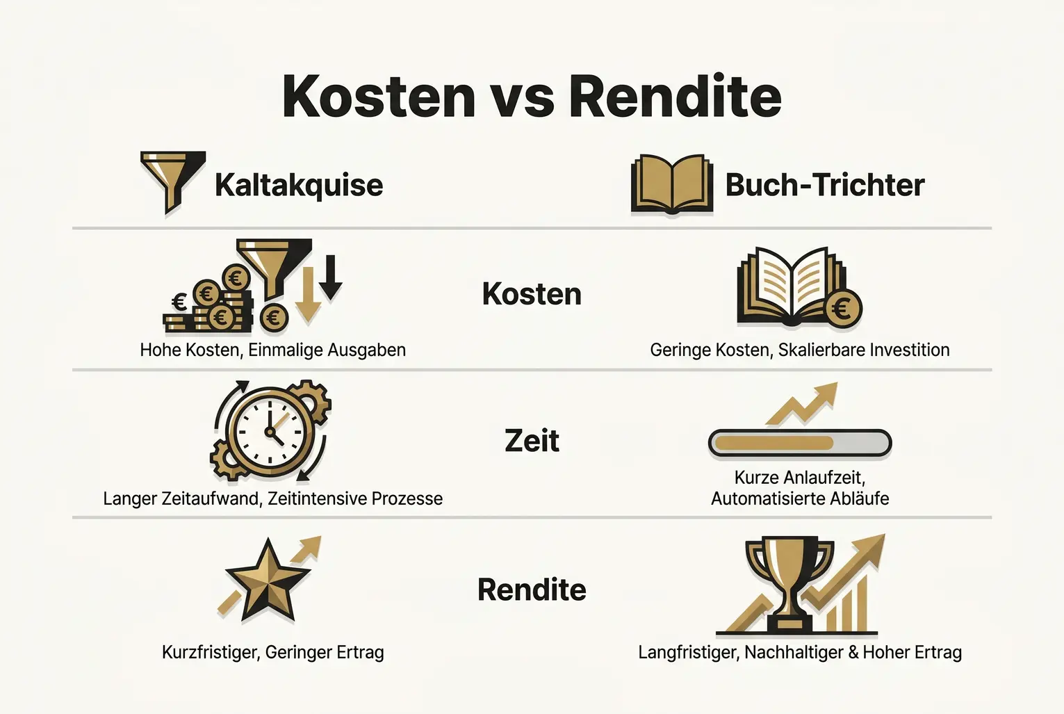 Direkter Vergleich: Kurzfristige Kosten und hoher Zeitaufwand der Kaltakquise gegenüber langfristiger, skalierbarer Rendite durch einen Buch-Trichter.