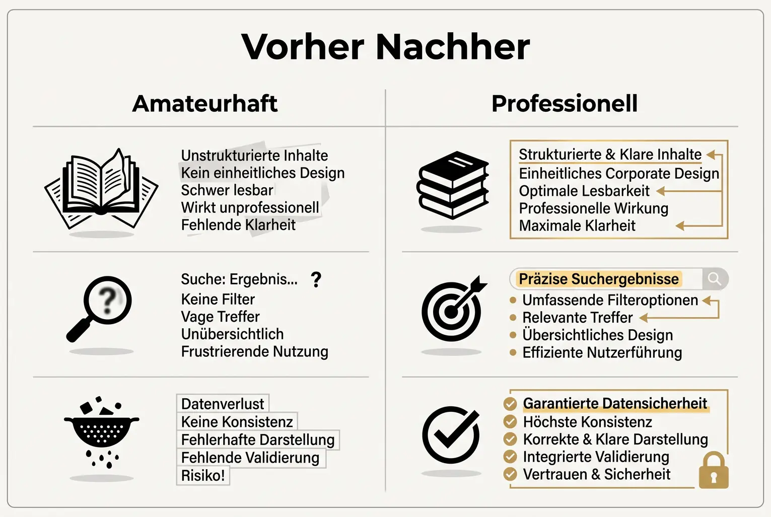 Anschaulicher Vorher-Nachher-Vergleich, der typische Fehler (links) und professionelle Lösungen (rechts) in Schrift, Lesbarkeit und Konsistenz demonstriert.