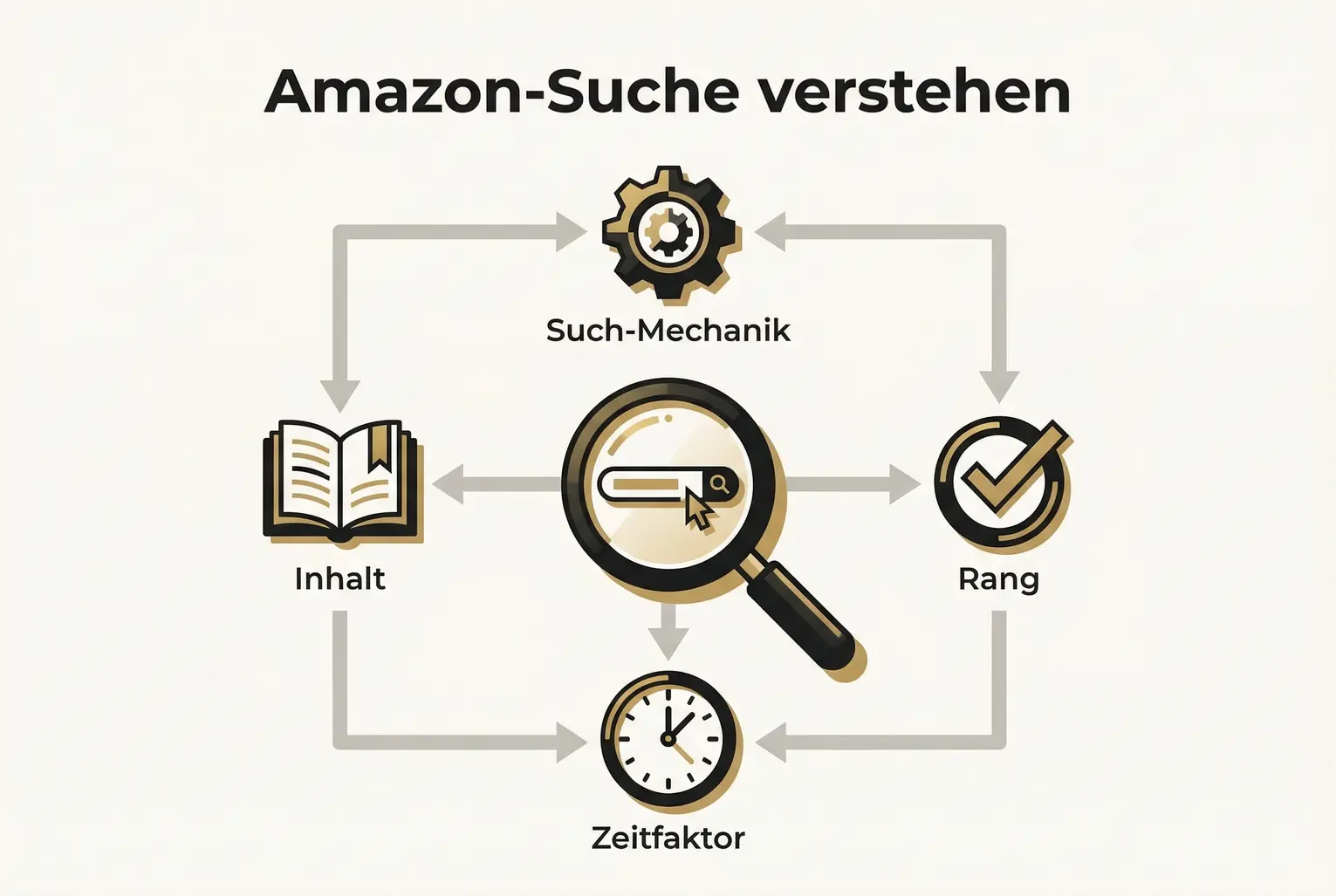 Visualisierung der vier Säulen der Amazon-Suche: Mechanik, Ranking, Zeit und Inhalt, die die Wichtigkeit von Keywords verdeutlichen.