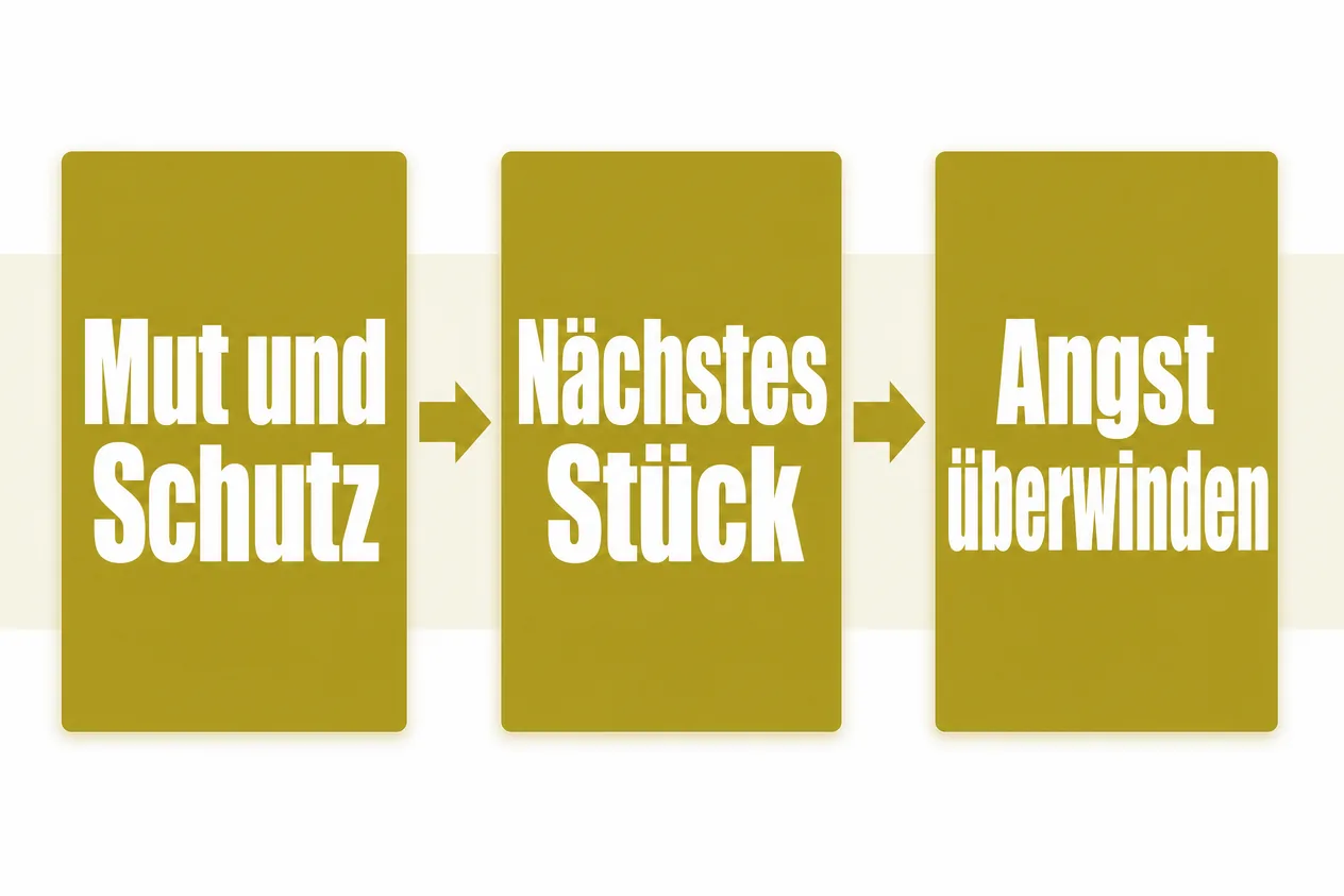 Drei große gelbe Karten mit Pfeilen von links nach rechts: Mut und Schutz, Nächstes Stück, Angst überwinden.