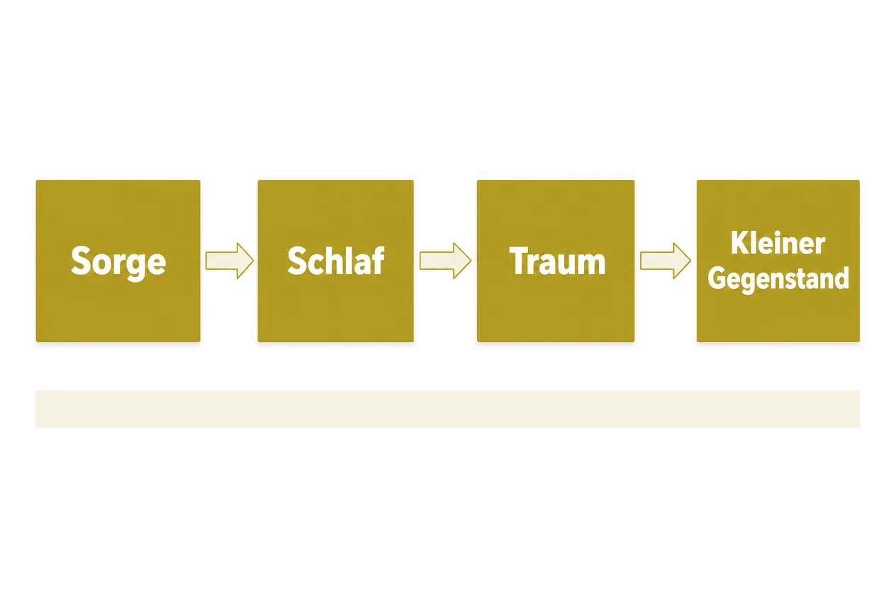 Vier Kästen in einer Reihe mit Pfeilen: Sorge, Schlaf, Traum und kleiner Gegenstand
