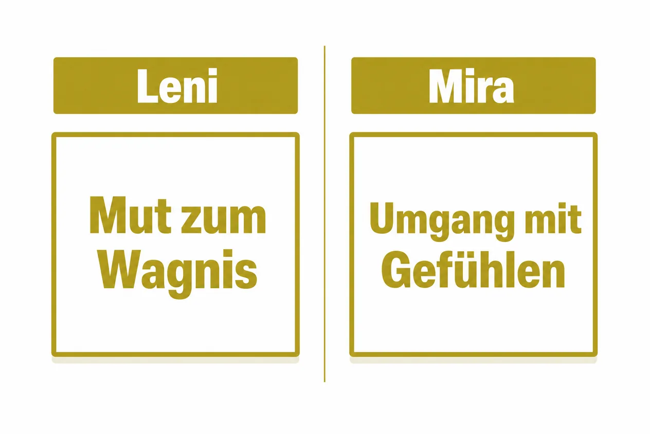 Zwei gleich hohe Spalten: Leni mit Mut zum Wagnis, Mira mit Umgang mit Gefühlen, getrennt durch eine Linie