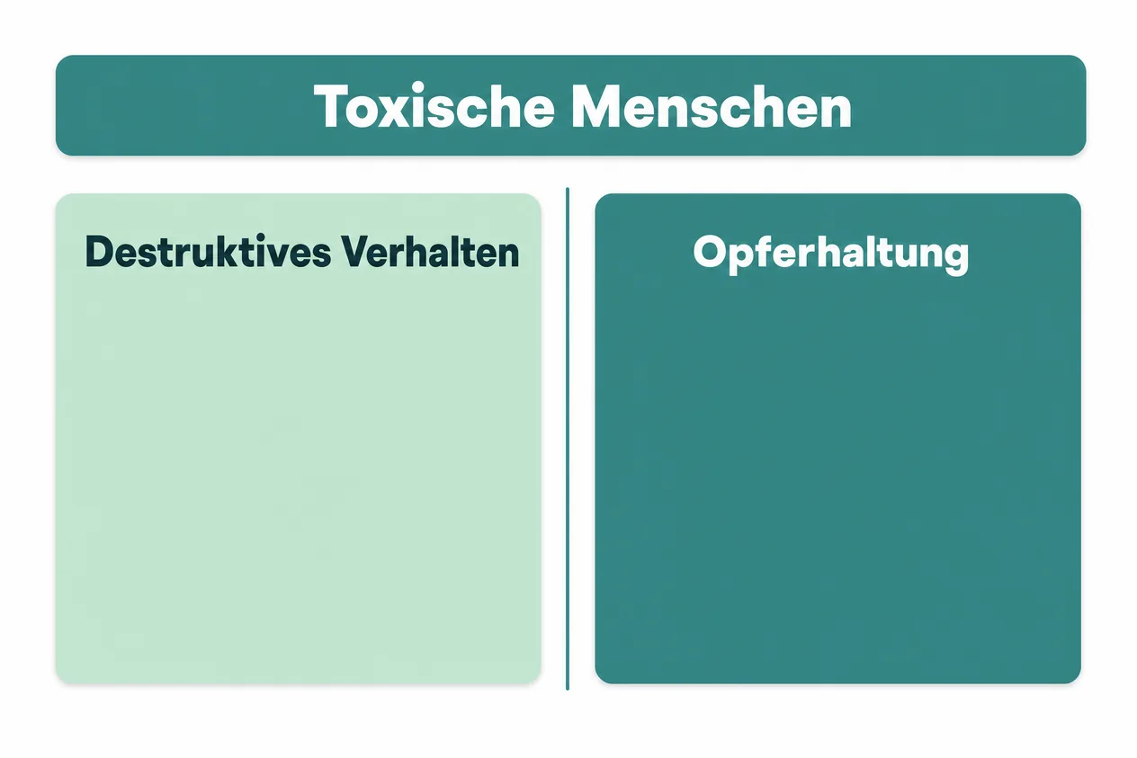 Schaubild zu Toxische Menschen: zwei Karten im Vergleich, links Destruktives Verhalten, rechts Opferhaltung