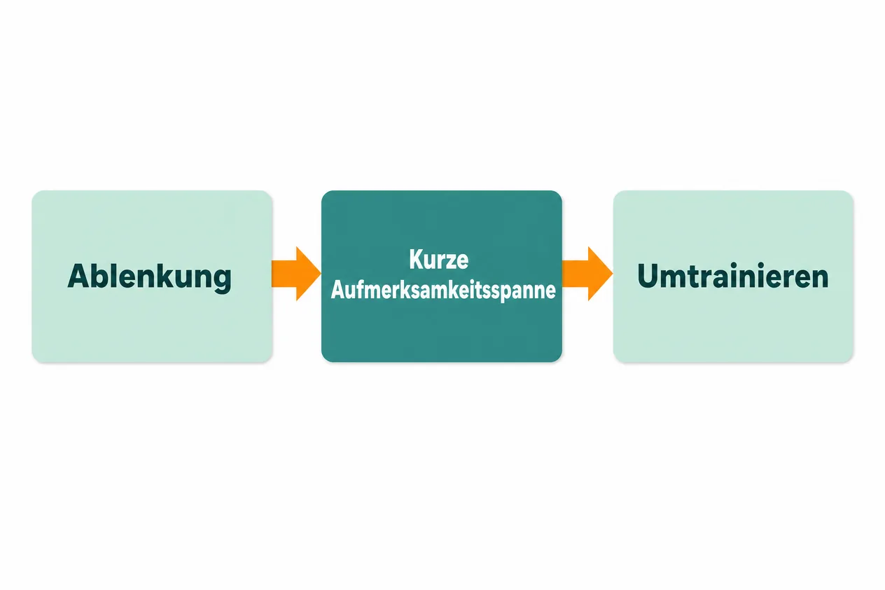 Schaubild mit drei Karten in einer Reihe, verbunden durch Pfeile: Ablenkung, dann Kurze Aufmerksamkeitsspanne, dann Umtrainieren