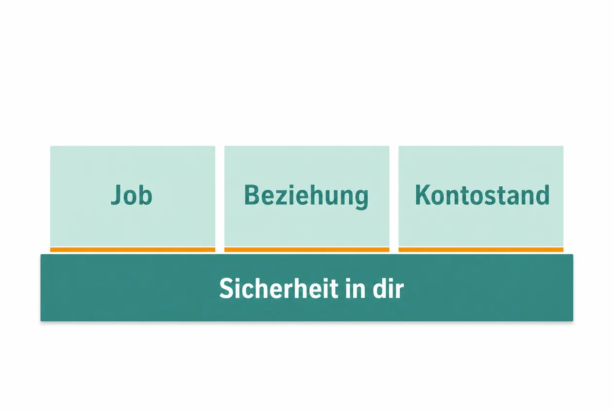 Drei grüne Bausteine Job, Beziehung und Kontostand stehen auf einem Sockel mit der Aufschrift Sicherheit in dir