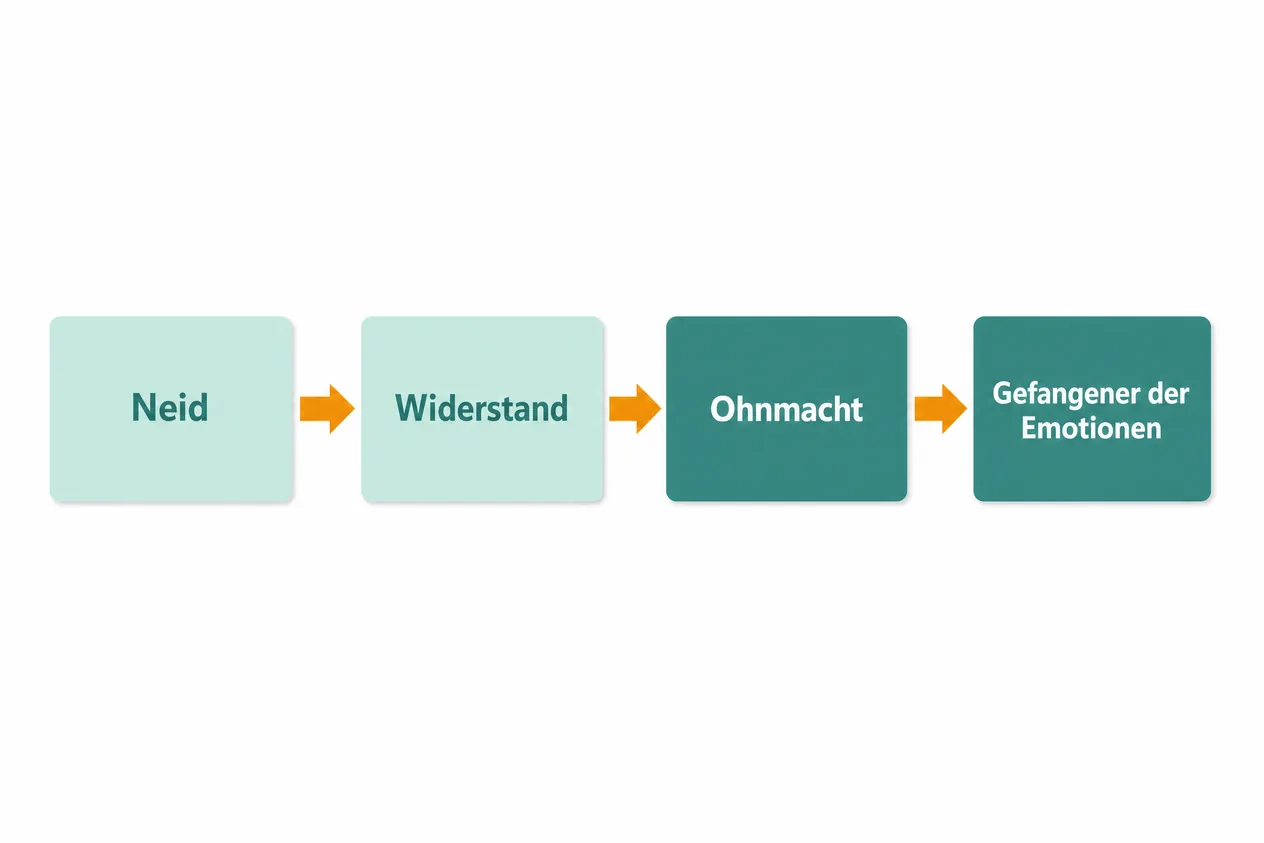 Ablauf aus vier Kästen: Neid führt zu Widerstand, dann zu Ohnmacht und zum Gefangenen der Emotionen
