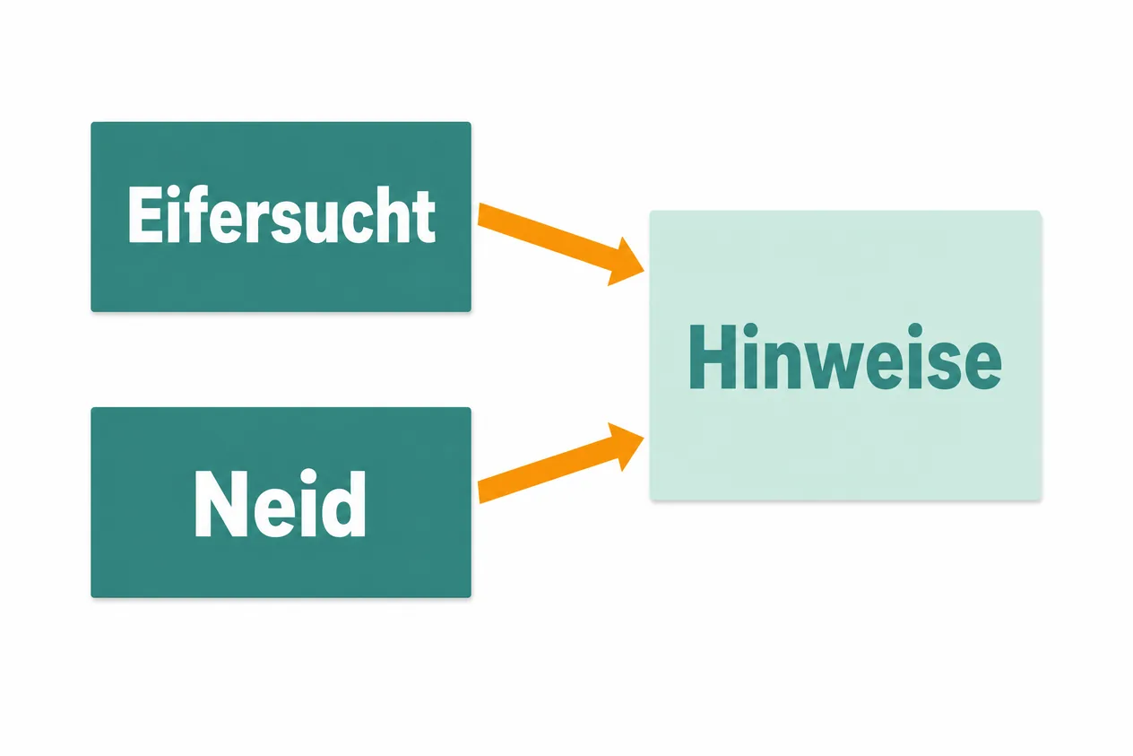 Schaubild: Eifersucht und Neid führen beide mit Pfeilen zu einer Karte mit der Beschriftung Hinweise
