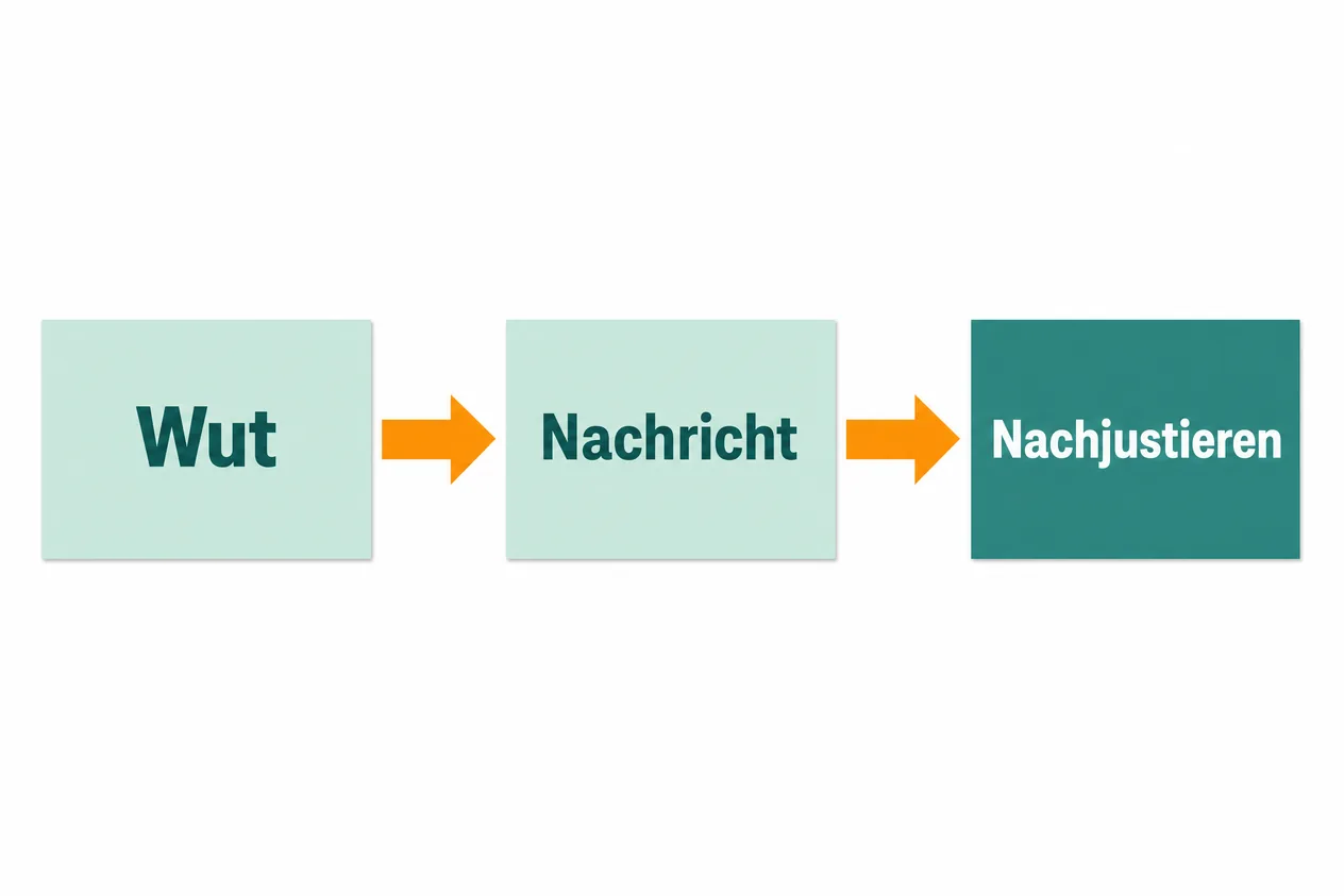 Ablauf aus drei Karten: Wut führt zur Nachricht, und die Nachricht führt zum Nachjustieren.