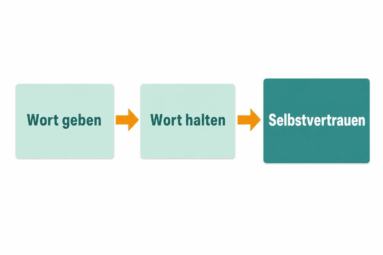 Ablauf in drei Karten: Wort geben, Wort halten und daraus Selbstvertrauen, verbunden durch orange Pfeile