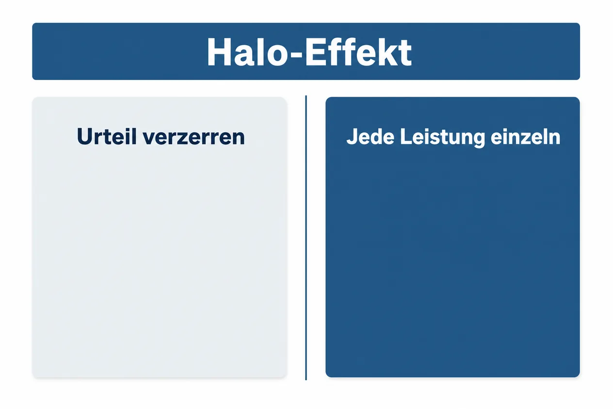 Schaubild zu Halo-Effekt: zwei Karten im Vergleich, links Urteil verzerren, rechts Jede Leistung einzeln