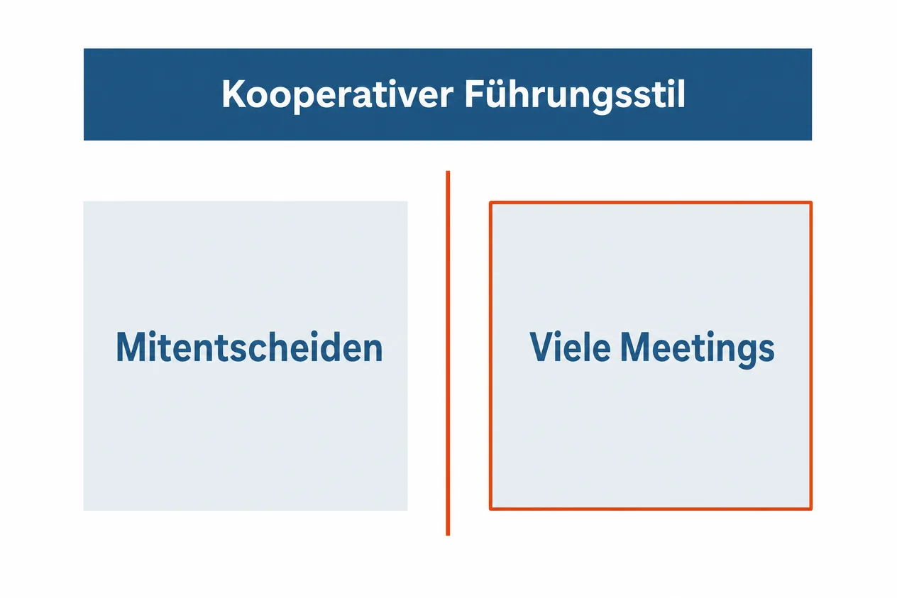 Zweispaltiges Schaubild zum kooperativen Führungsstil mit Mitentscheiden links und vielen Meetings rechts