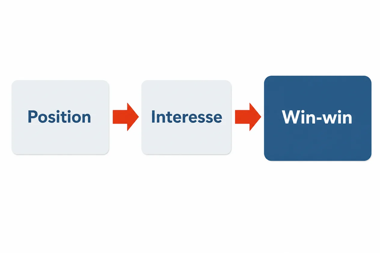 Schaubild mit drei Karten in einer Reihe: Position führt mit Pfeil zu Interesse und von dort zu Win-win