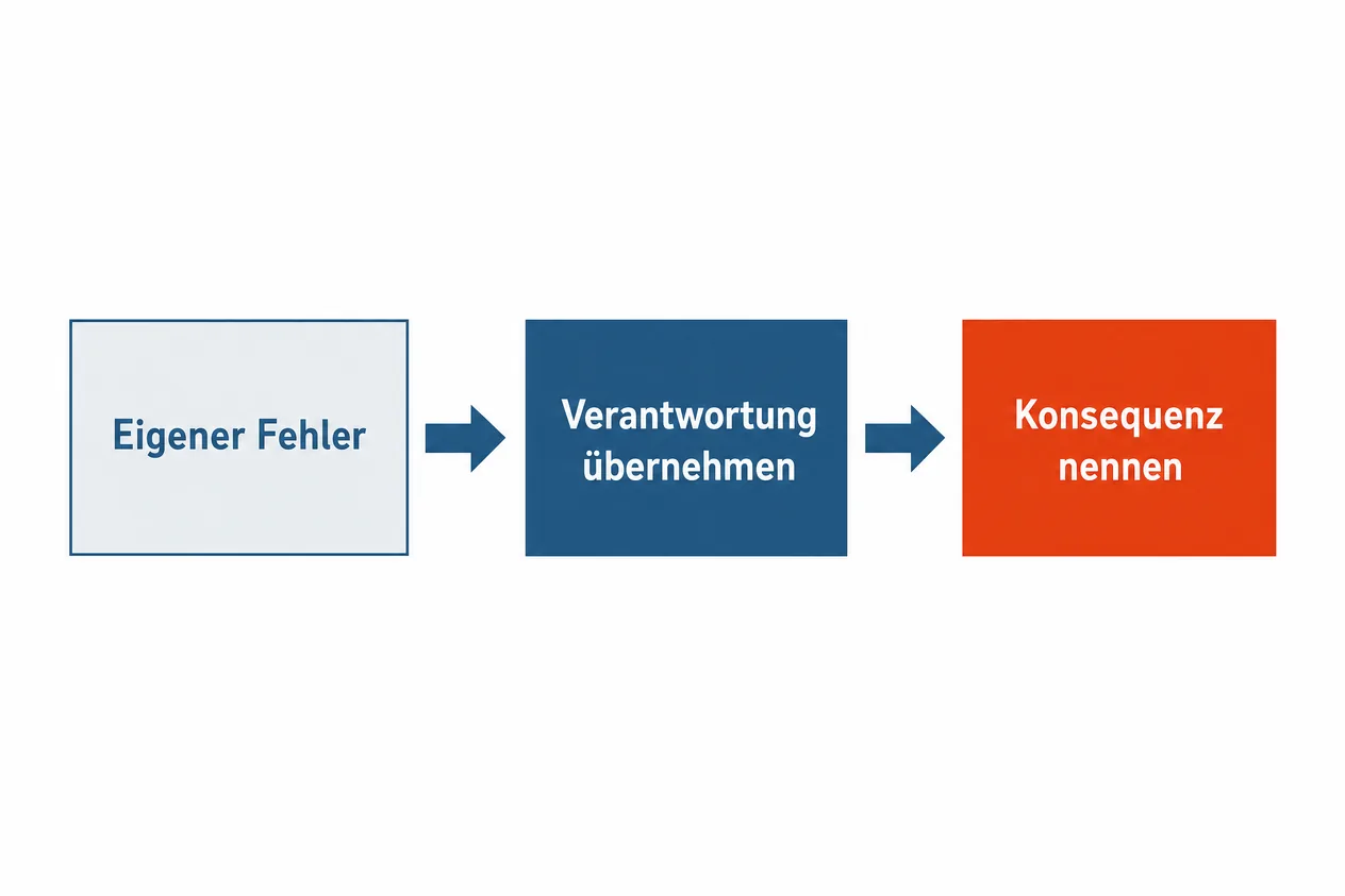 Drei Kästen in einer Reihe mit Pfeilen: eigener Fehler, Verantwortung übernehmen, Konsequenz nennen