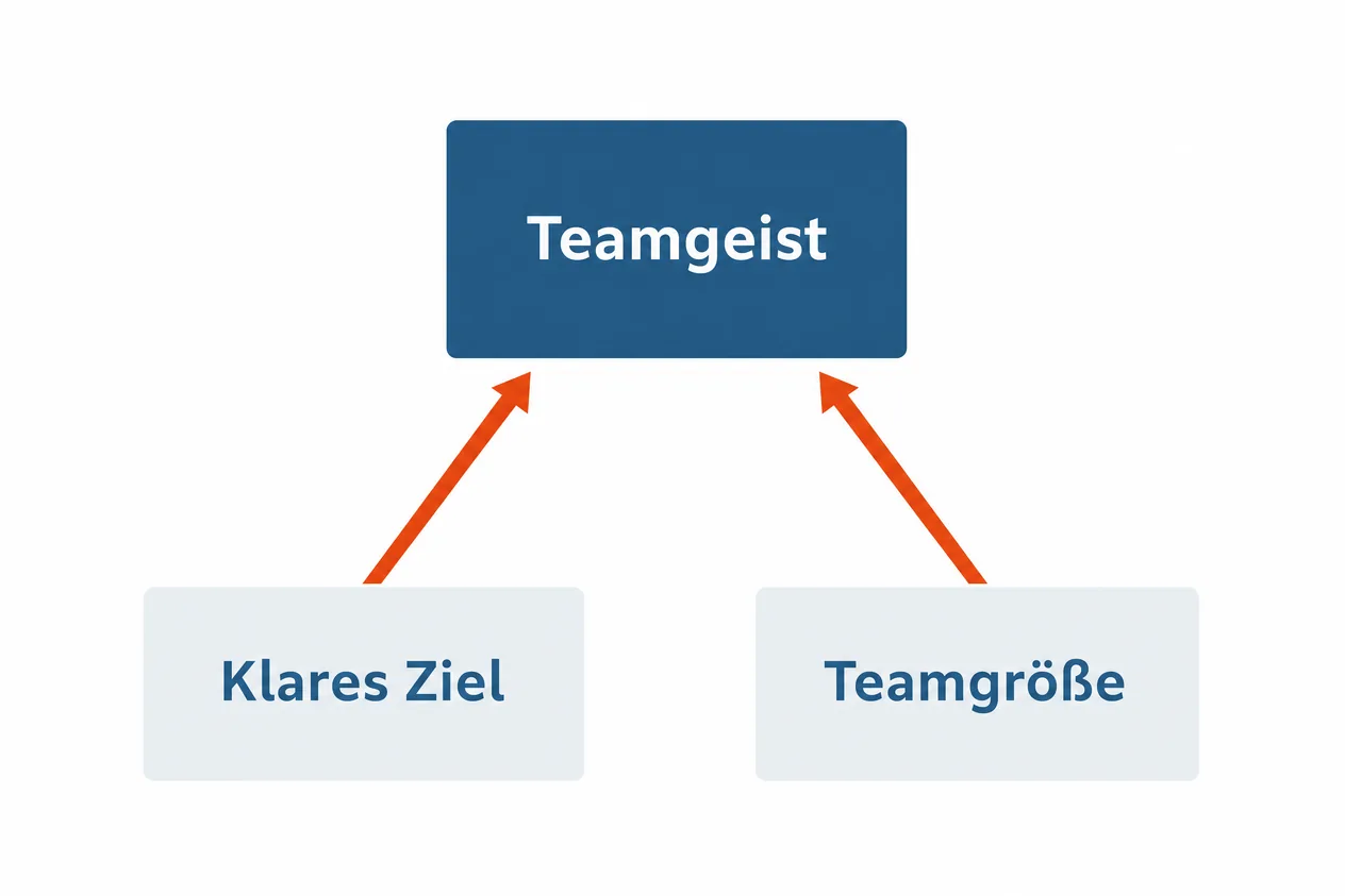 Zwei Kästen mit klarem Ziel und Teamgröße, deren Pfeile nach oben auf den Kasten Teamgeist zeigen
