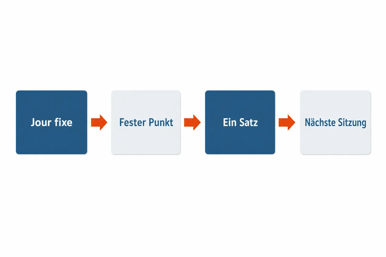 Reihe aus vier Kästen mit Pfeilen: Jour fixe, fester Punkt, ein Satz, nächste Sitzung