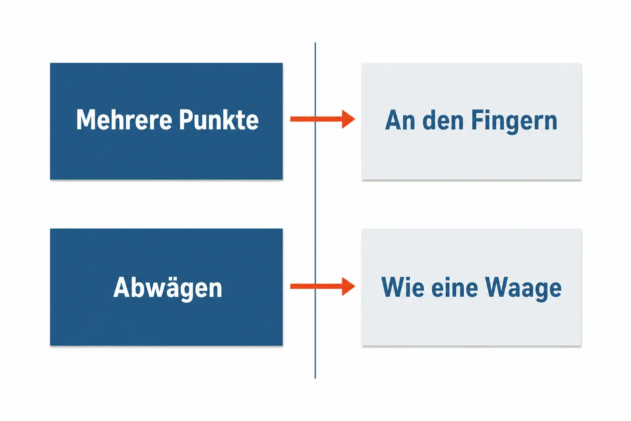 Zweispaltige Übersicht: links Inhalte wie mehrere Punkte und Abwägen, rechts die passenden Handbewegungen