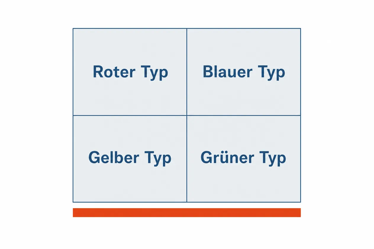 Quadratisches Schaubild mit vier gleich großen, gleich gestalteten Feldern für roten, blauen, gelben und grünen Typ